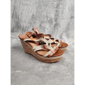 Lucky Brand High heel wedge sandals White and tan strappy open toe size‎ 8.5